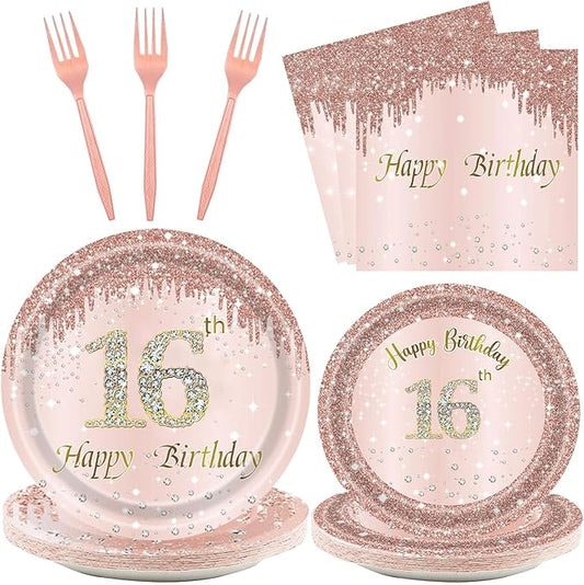 24 Sets 16th Rose Gold Birthday Party Decrations for Girls 16