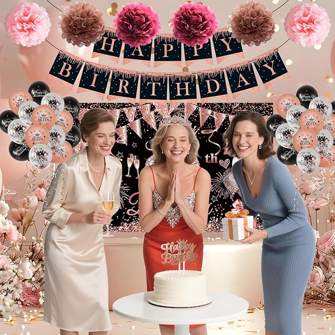 Happy Birthday Decorations for Women Girls Black Rose Gold Birthday