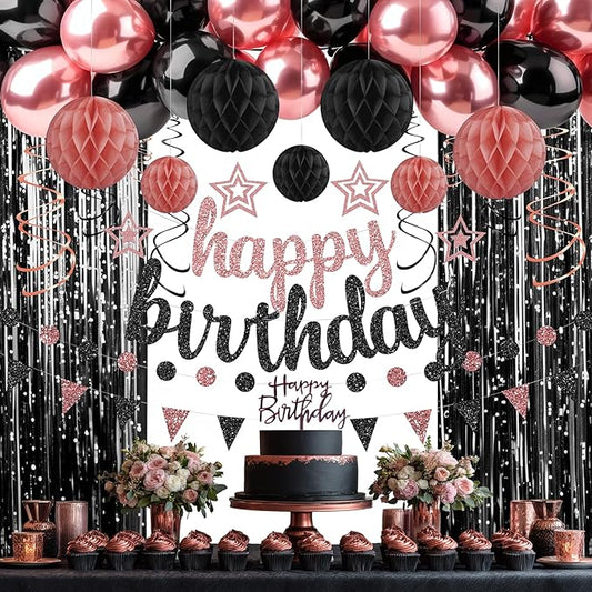 Rose Gold and Black Birthday Party Decorations Set Happy Birthday