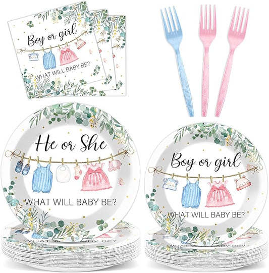 96Pcs Greenery Gender Reveal Party Decorations for Boy or Girl Baby