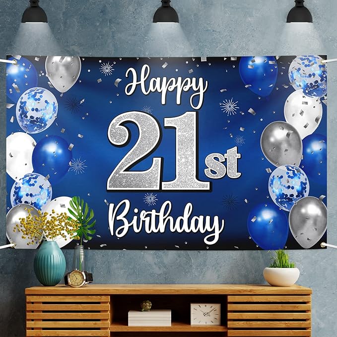 Happy 21st Birthday Decorations 21 Blue & Silver Balloon Large