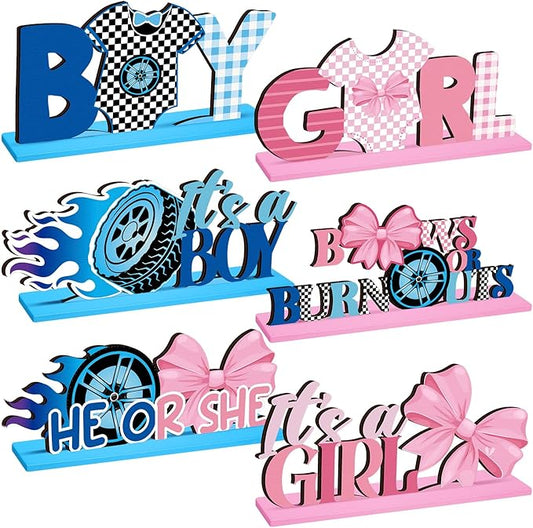 6 Pcs Burnouts or Bows Gender Reveal Party Wooden Centerpieces Table