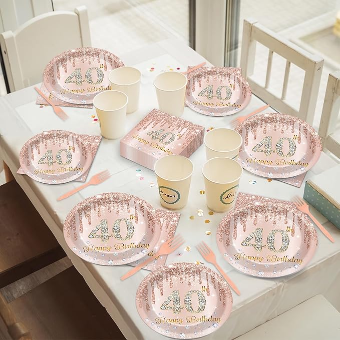 96PCS Rose Gold 40th Birthday Party Paper Plates and Napkins Forty