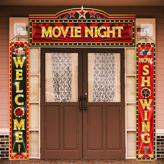 3 Pcs Movie Night Porch Banner Decorations Movie Theme Party Hanging