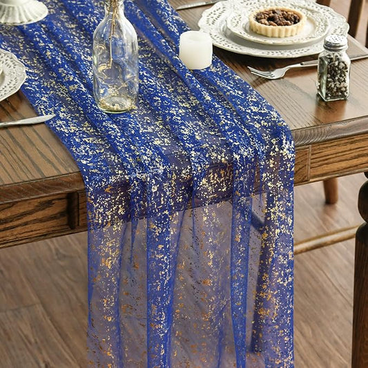 Artoid Mode 3PCS Blue Gold Gauze Table Runner 120 Inch 10FT, Glitter