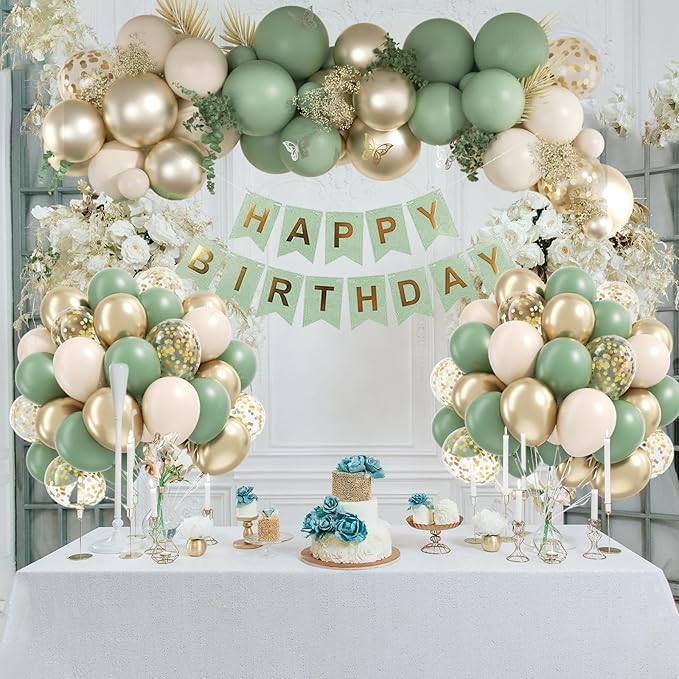 Sage green Balloons, 60pcs 12inch Sage green Sand White Metallic Gold