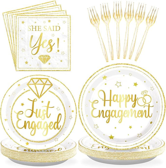 96Pcs Happy Engagement Party Supplies Gold Just Engaged Plates and