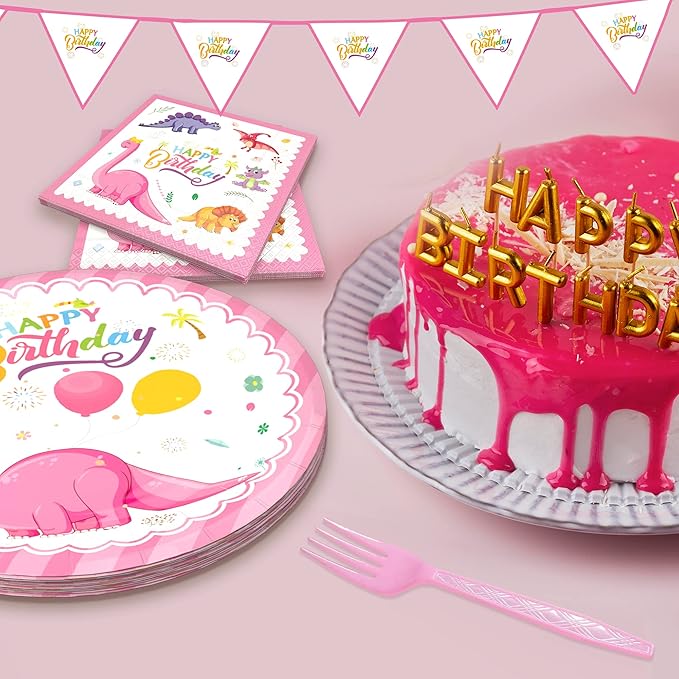 120 Pcs Pink Dinosaur Birthday Party Plates Napkins Girls Dinosaur