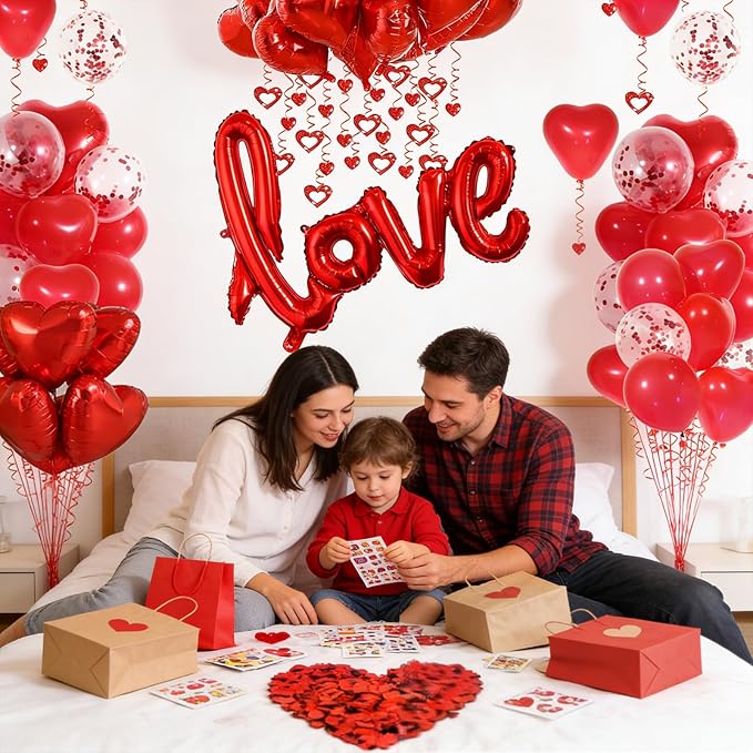 Valentines Day Decorations with Red Heart Balloons and Love
