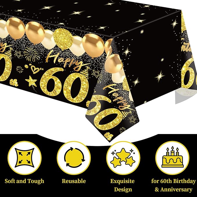 2pcs 60th Birthday Tablecloth, Black Gold 60th Birthday