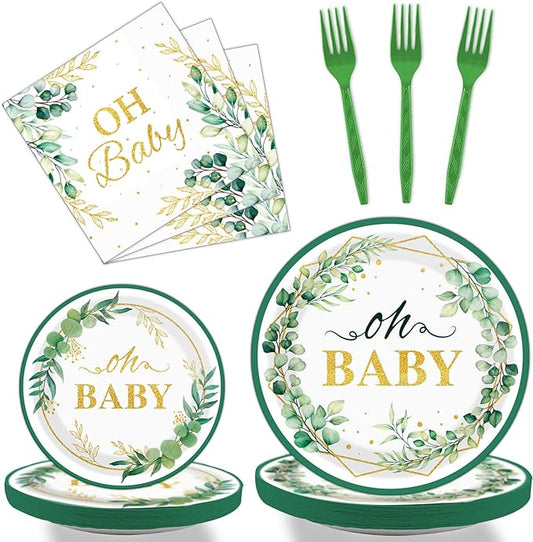 96PCS Sage Greenery Oh Baby Tableware Set Baby Shower Dinnerware