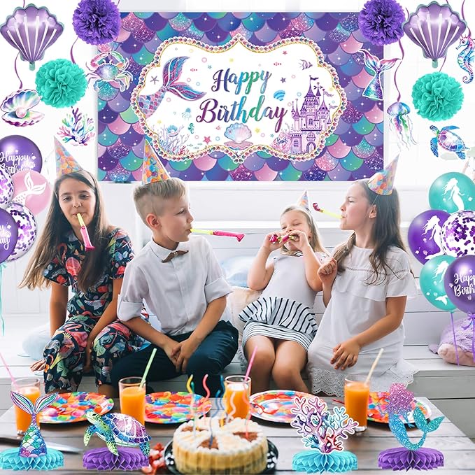 Mermaid Birthday Decorations Includes Banner Backdrop Foil & Latex