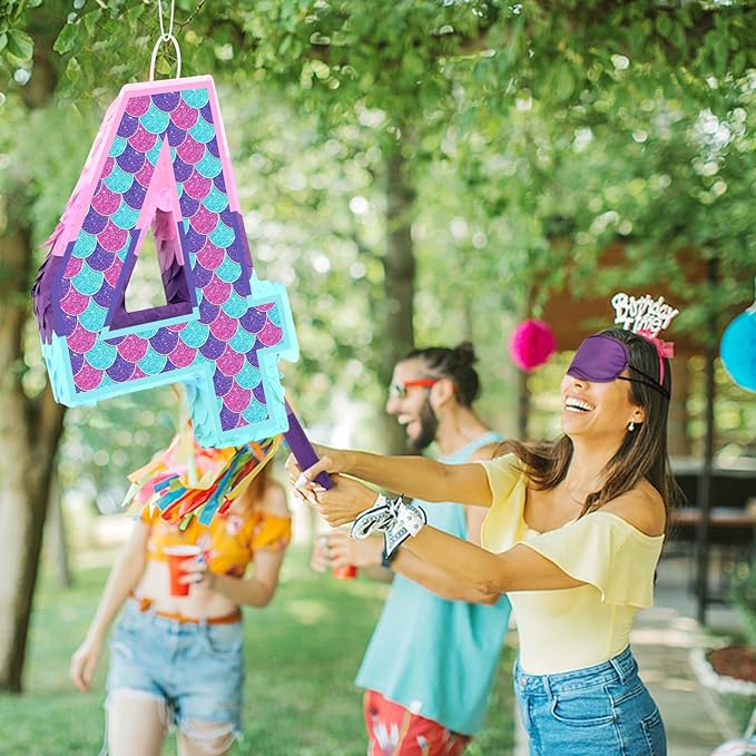 Mermaid Number 4 Pinata with Stick Blindfold for Girl 4th Birthday