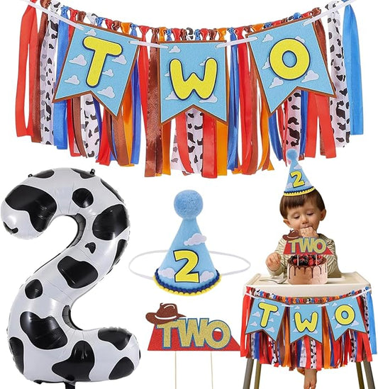 Cartoon Toy Highchair Banner for 2nd Birthday Party Decorations Two