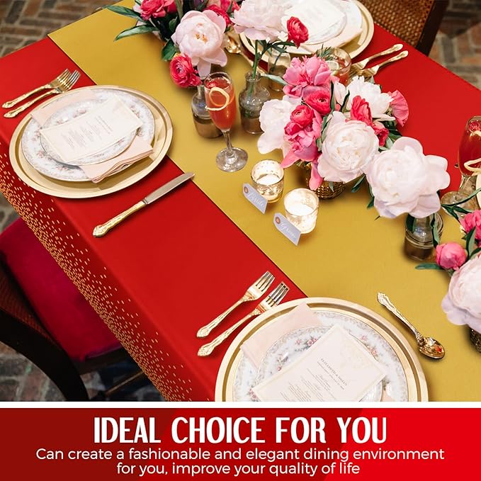 Breling 8 Pack Red and Gold Disposable Plastic Tablecloths and Satin