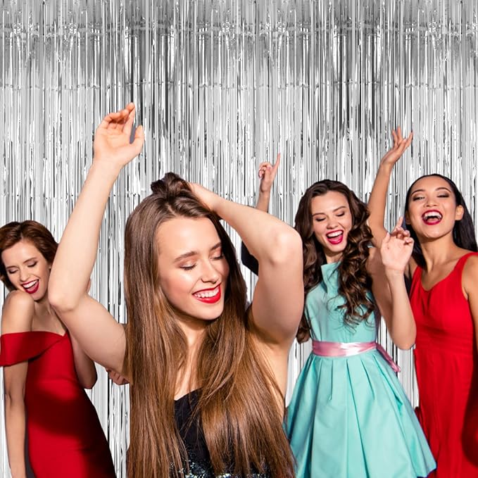 3 Pack 3.3x8.2 Feet Silver Foil Fringe Backdrop Curtains