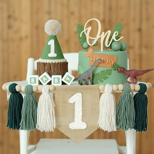 First Birthday Party Decorations Green High Chair Banner No.1 Crown