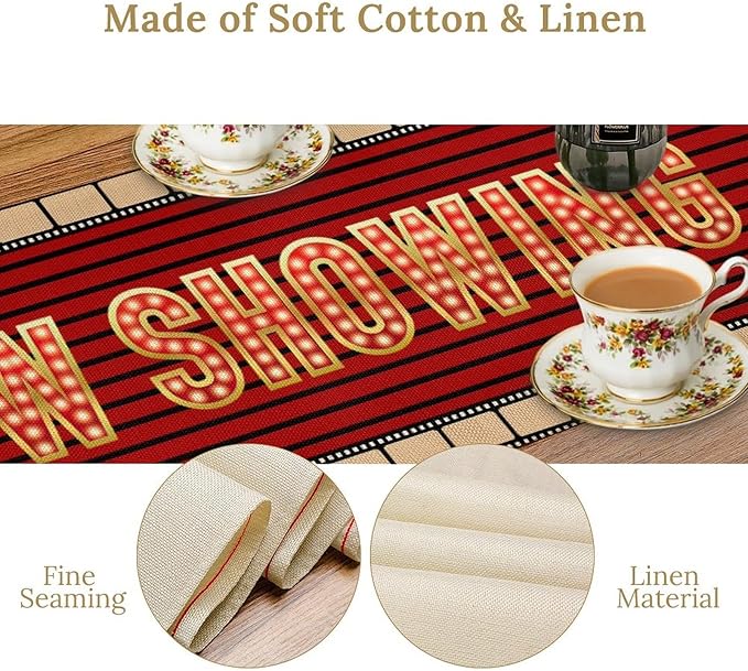Movie Night Table Runner, Vintage Film Popcorn Tape Now Showing Movie