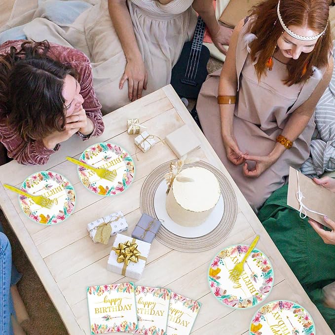 96 Pieces Happy Birthday Party Plates Napkins Boho Decorations Gold