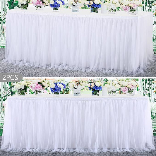 2 Pack 6ft White Tulle Table Skirts for wedding Bridal Shower White