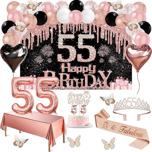 55th Birthday Decorations for Women 49pcs Black Rose Gold Black