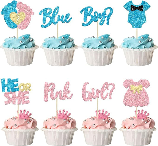 24Pcs Boy or Girl Cupcake Toppers Glitter Feet Onesie Dress Gender