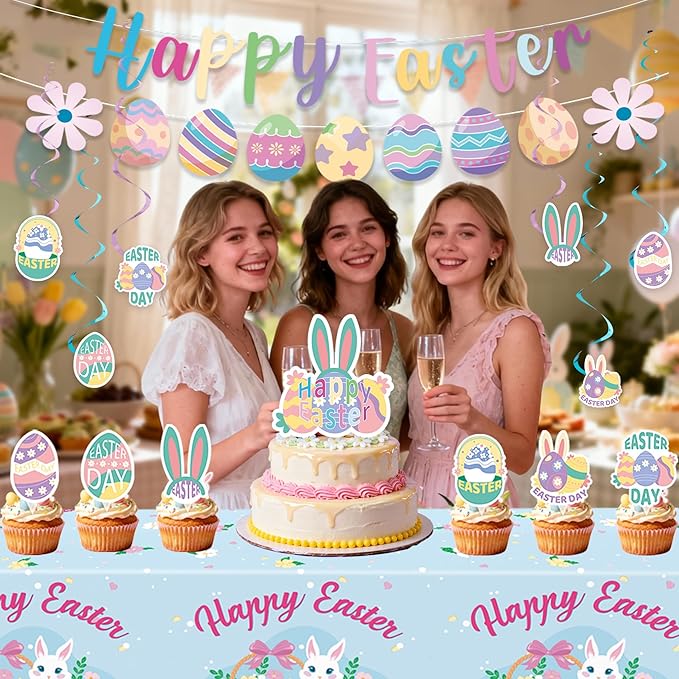 55PCS Easter Party Decorations Set Bunny Egg Banner Cake Toppers