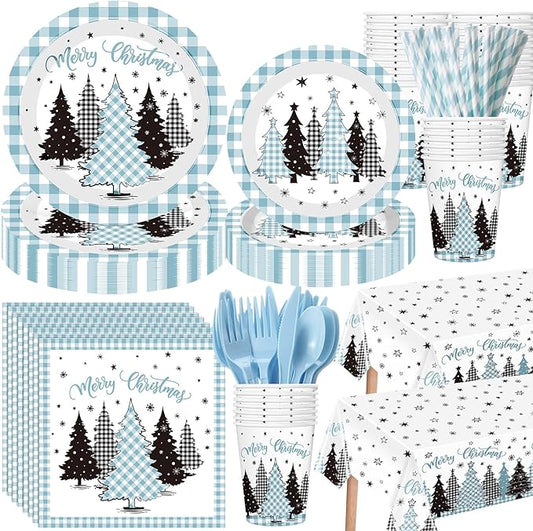452 Pcs Light Blue Christmas Party Decoration for 50 Plaid Gingham