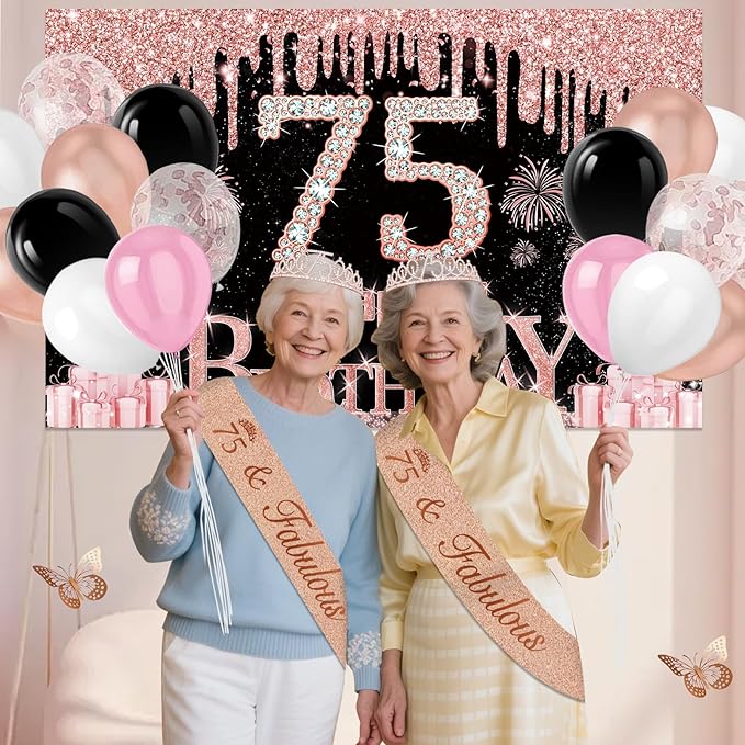 75th Birthday Decorations for Women 49pcs Black Rose Gold Black