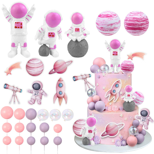 27 PCS Pink Space Cake Toppers Astronaut Figurines Outer Space