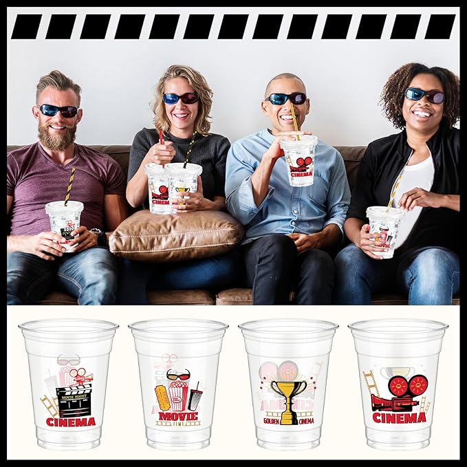 50 Pcs Movie Night Cups 12 oz Disposable Plastic Cups with Straws