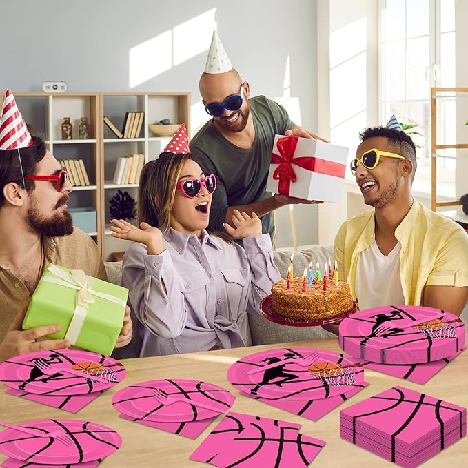 96 Pcs Pink Basketball Party Supplies Paper Plates Napkins