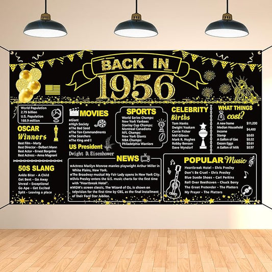 DARUNAXY 70th Birthday Black Gold Party Decoration, Back in 1956