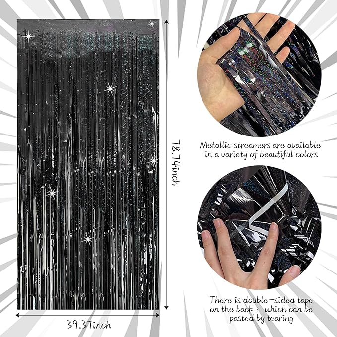 Tinsel Curtain Backdrop Black Birthday & Wedding Decorations 2 Packs