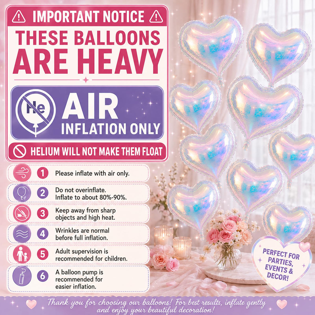 Iridescent Heart Balloons, 10 Pcs 18 Inch Transparent Holographic Foil