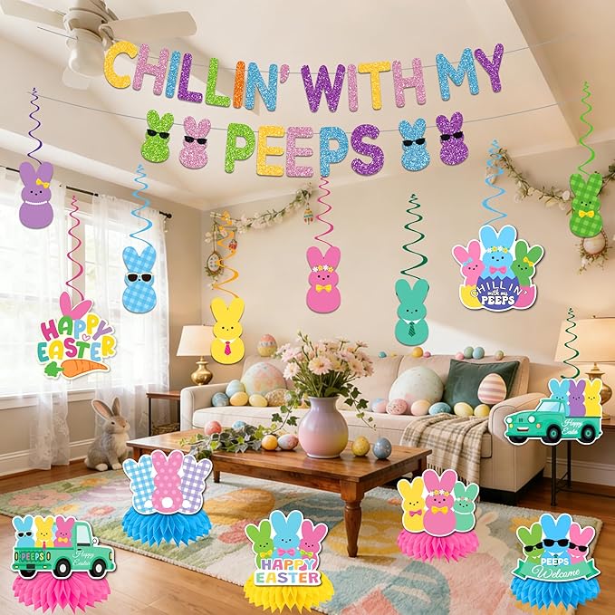 Easter Party Decorations Glitter Chillin with My Peeps Banner Swirls