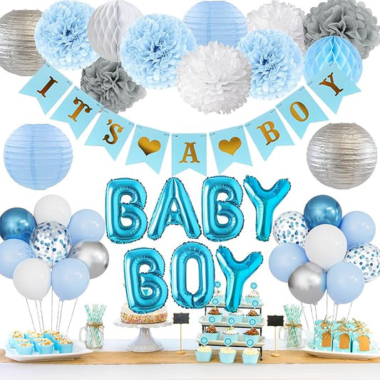 Ouddy Party Blue Baby Shower Decorations with Its a Boy Banner Baby
