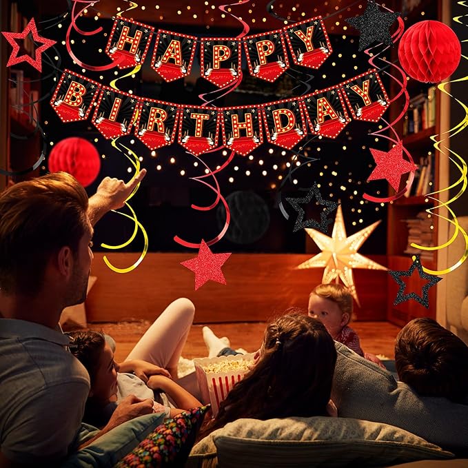 24 Pcs Movie Night Theme Happy Birthday Banner Decorations Movie