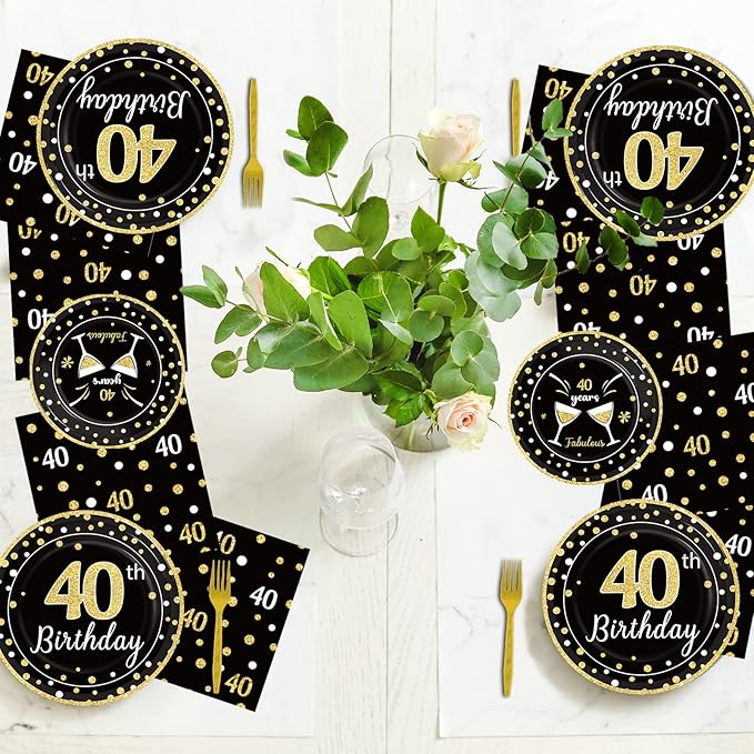96 Pcs 40th Birthday Plates and Napkins Party Supplies Black Gold