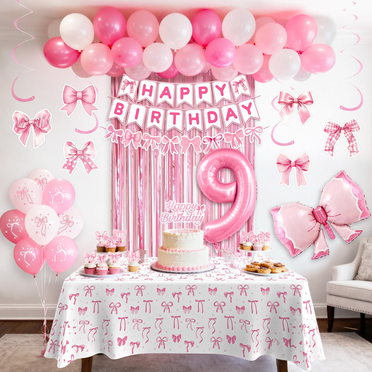 9th Pink Birthday Decorations for Girls, Pink Bow Coquette Birthday