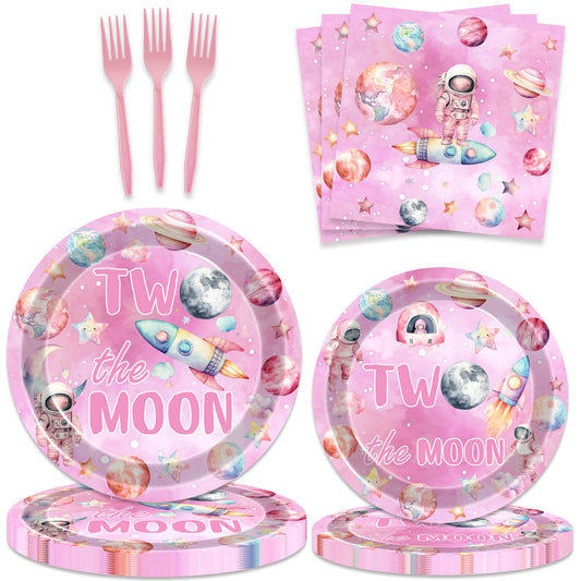 80 Pcs Outer Space Girls 2nd Birthday Party Supplies Two the Moon