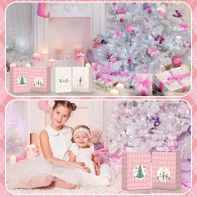 24 Pcs Pink Christmas Party Favors Gift Goodie Bags with Handles