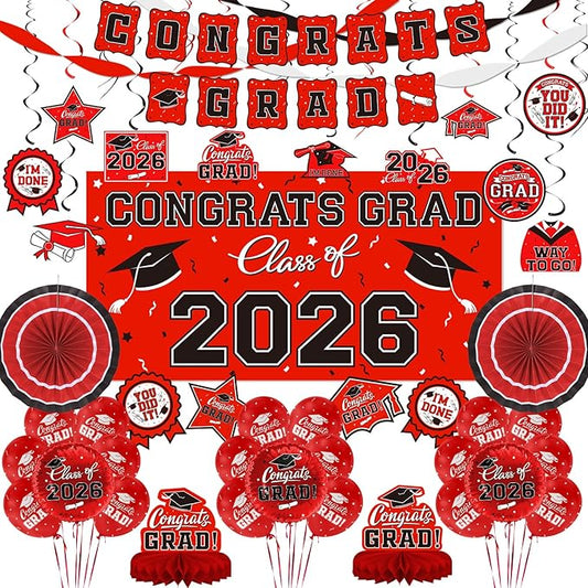 Red Themed 2026 Graduation Decorations Set Congrats Grad Banner