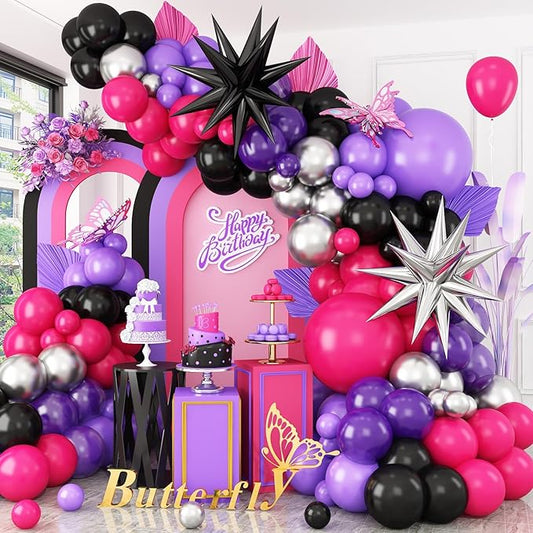 Hot Pink and Purple Balloon Arch Kit, Purple Black Balloon Garland