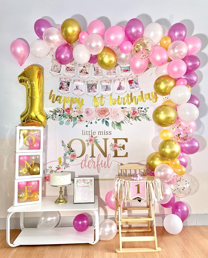 Baby Girl 1st Birthday Decorations Balloon Boxes Backdrop High Chair