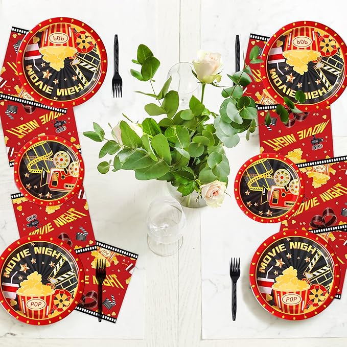 96 Pcs Movie Night Party Supplies Paper Plates Napkins Movie Party