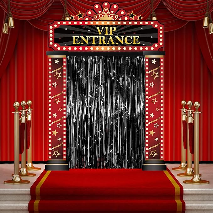 3 Pcs Casino Movie Night Porch Sign Banner with Black Foil Fringe