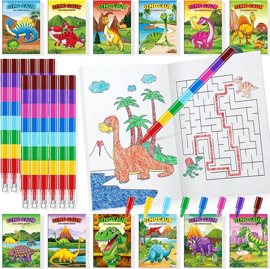 24 Dinosaur Mini Coloring Books Kids with 24 Stacking Crayons Dino