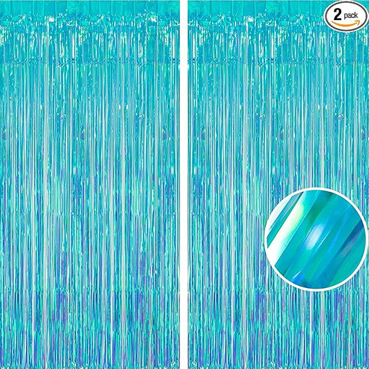 BRAVESHINE Iridescent Blue Foil Fringe Backdrop - 2 Pack 3.2x6.5 ft