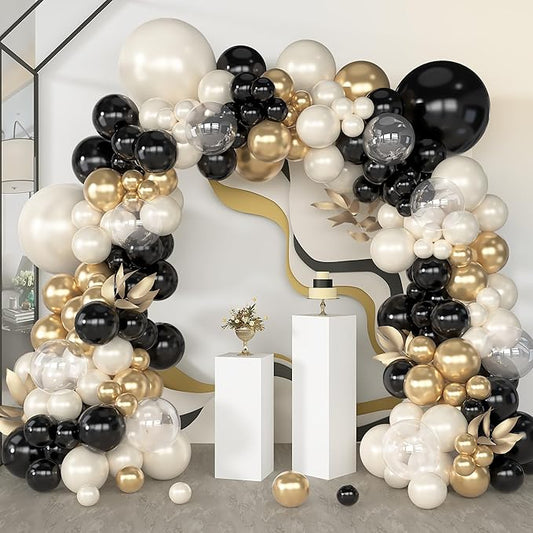 Amandir 173Pcs Black Pearl White Gold Balloons Arch Garland Kit,